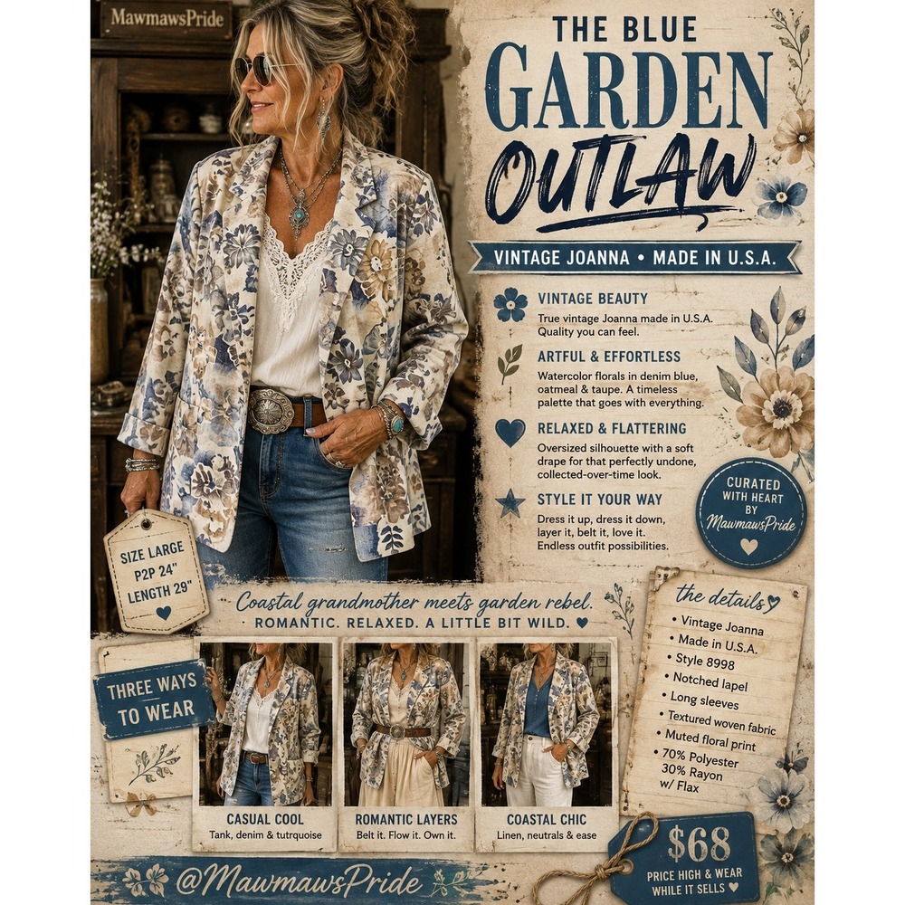 💙 THE BLUE GARDEN OUTLAW — Vintage Joanna Floral Linen Blazer Made USA
